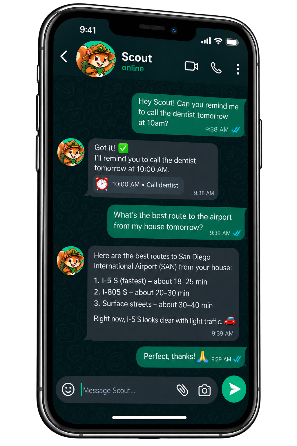 Scout smartphone chat mockup showing a dentist-call reminder and airport route suggestions.